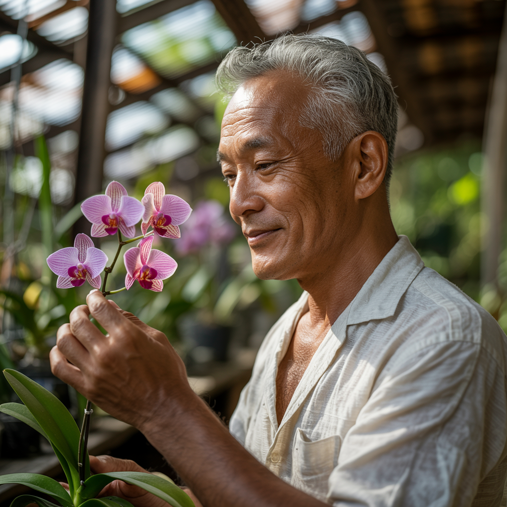 Carlos Mizuno cuidando de uma orquídea